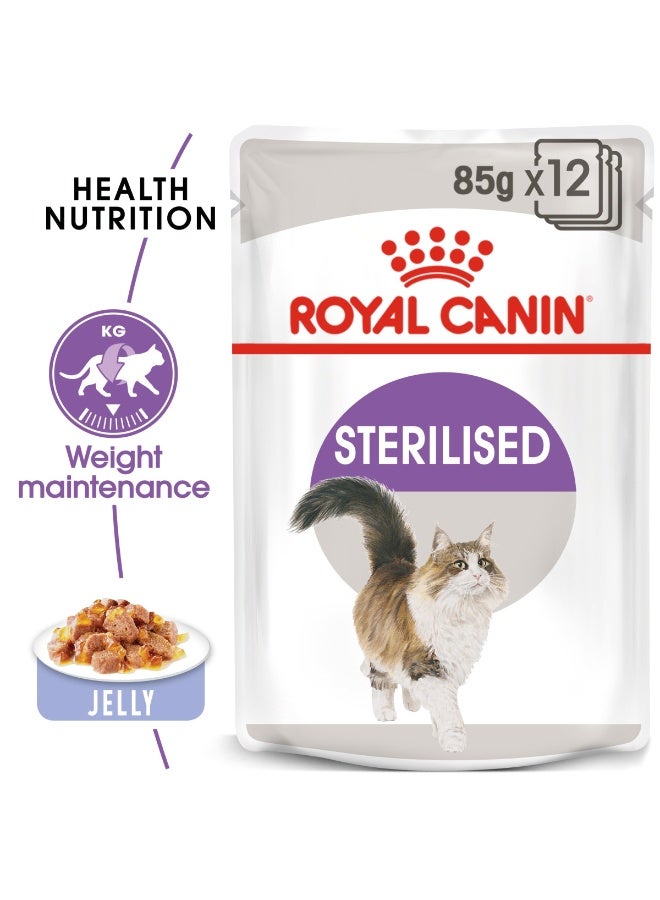 Royal Canin Feline Health Nutrition Sterilised Jelly Weight & Urinary Support Wet Cat Food Pouch 12x85g - Image 1